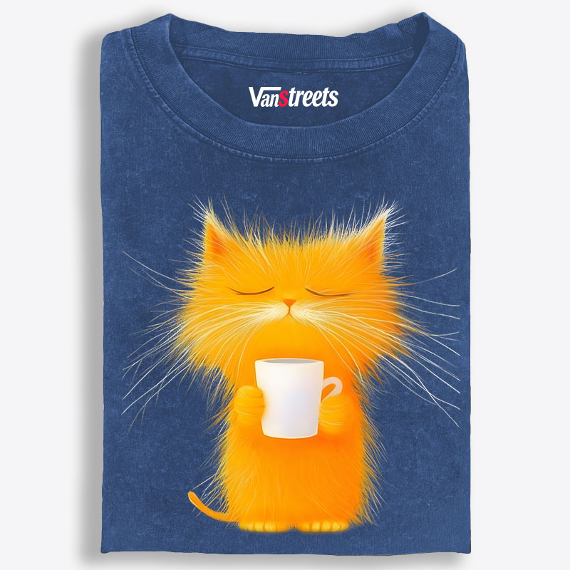 Fluffy Orange Cat with Coffee Retro Washed T-Shirt | 100% Cotton | Streetwear Essential
