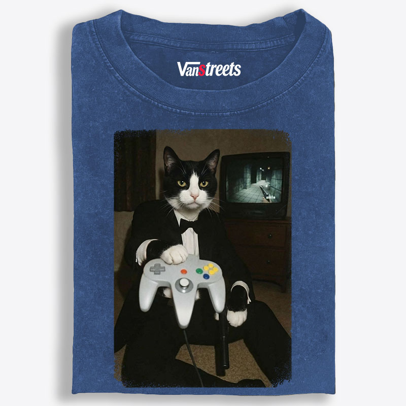 Vintage Tuxedo Cat Gamer Graphic Edition Retro Washed T-Shirt | 100% Cotton | Streetwear Essential