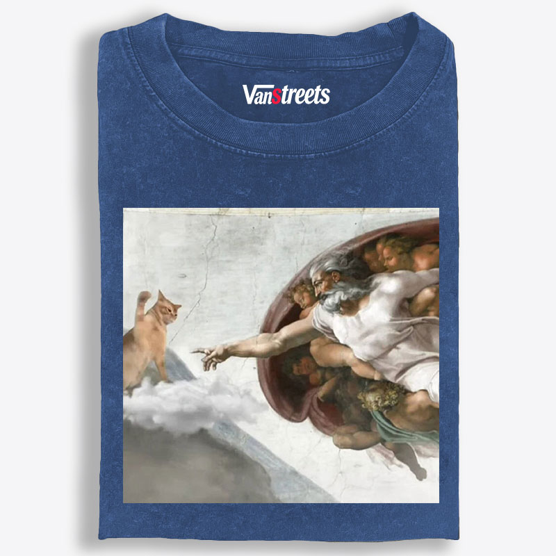 Cat Parody of "The Creation of Adam" Art Retro Washed T-Shirt | 100% Cotton | Streetwear Essential