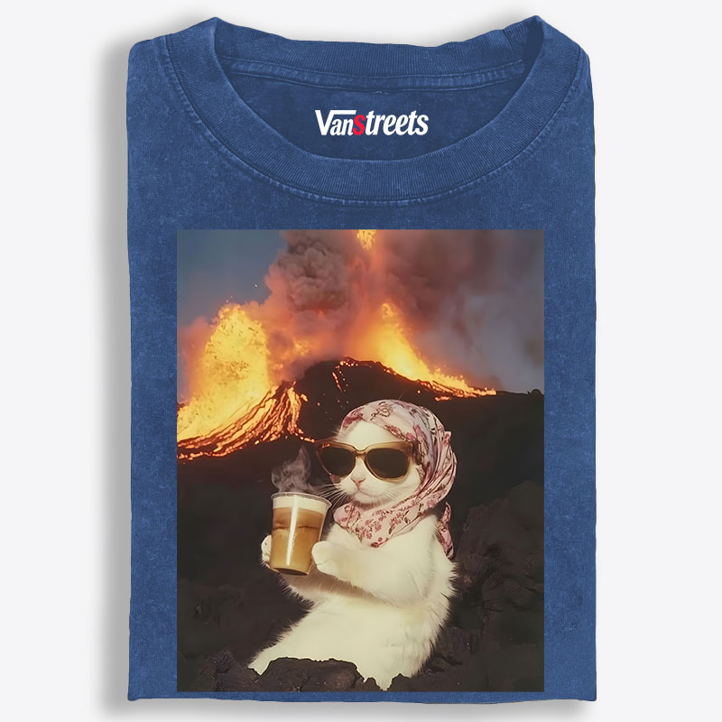 Volcano Coffee Cat Meme Retro Washed T-Shirt | 100% Cotton | Streetwear Essential