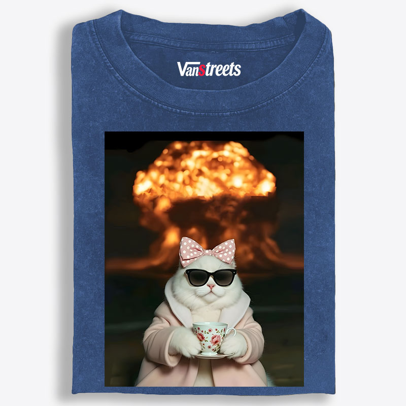 Cat with Tea & Nuclear Explosion Retro Washed T-Shirt | 100% Cotton | Streetwear Essential