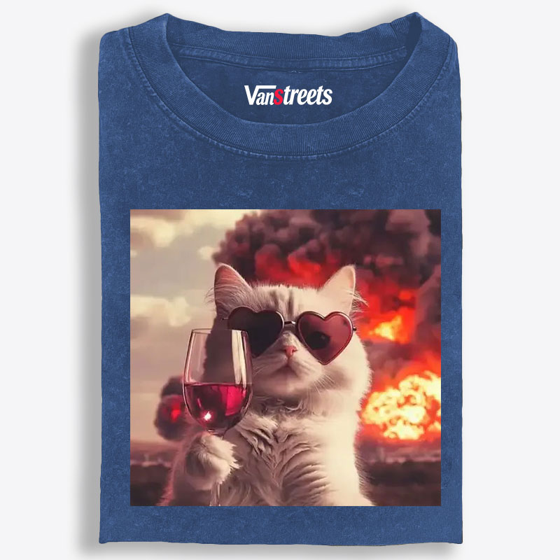 Cat with Wine & Explosion Meme Retro Washed T-Shirt | 100% Cotton | Streetwear Essential