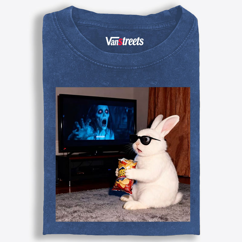 Horror Movie Watching Bunny Retro Washed T-Shirt | 100% Cotton | Streetwear Essential