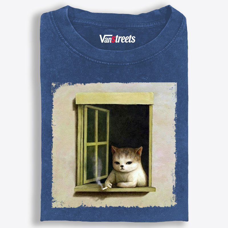 Vintage Solitude Cat Illustration Retro Washed T-Shirt | 100% Cotton | Streetwear Essential