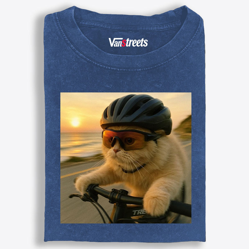 Cycling Cat at Sunset Retro Washed T-Shirt | 100% Cotton | Streetwear Essential