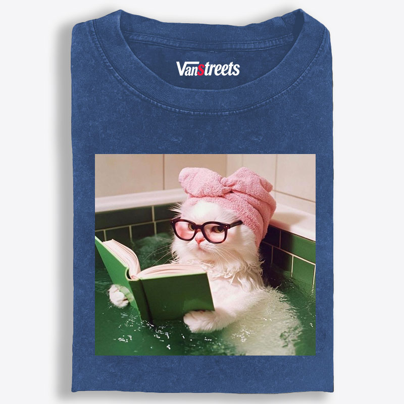 Bathtub Reading Cat Aesthetic Retro Washed T-Shirt | 100% Cotton | Streetwear Essential