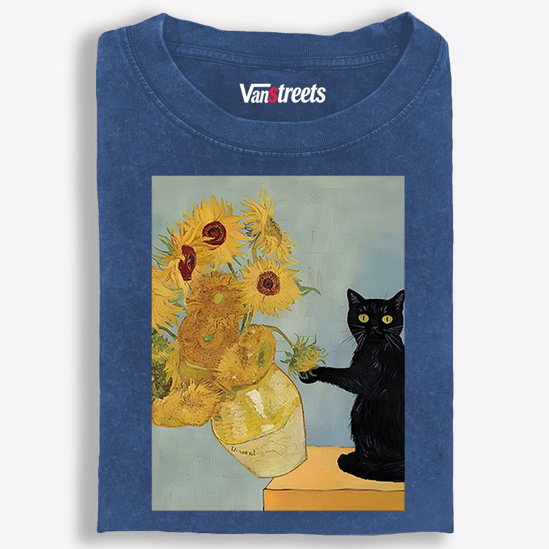 Playful Cat Meets Van Gogh Sunflowers Retro Washed T-Shirt | 100% Cotton | Streetwear Essential