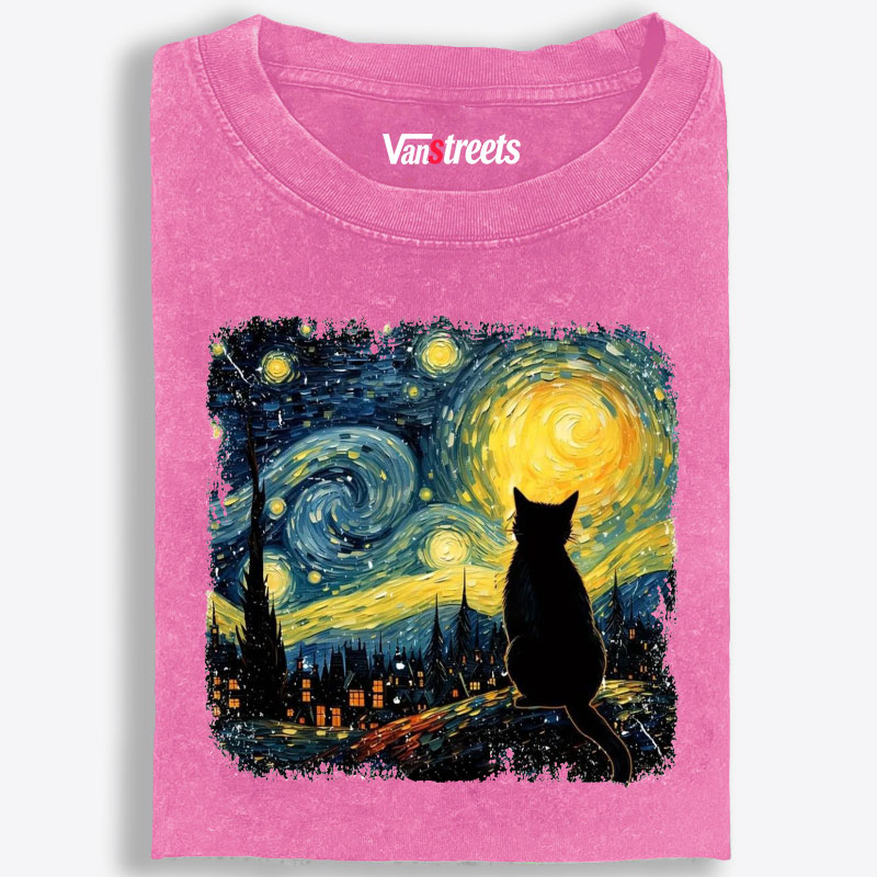 Van Gogh Starry Night CatRetro Washed T-Shirt | 100% Cotton | Streetwear Essential