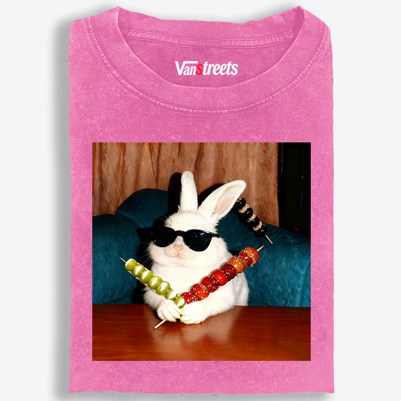 Rabbit Holding Candied Haws Sunglasses Retro Washed T-Shirt | 100% Cotton | Streetwear Essential