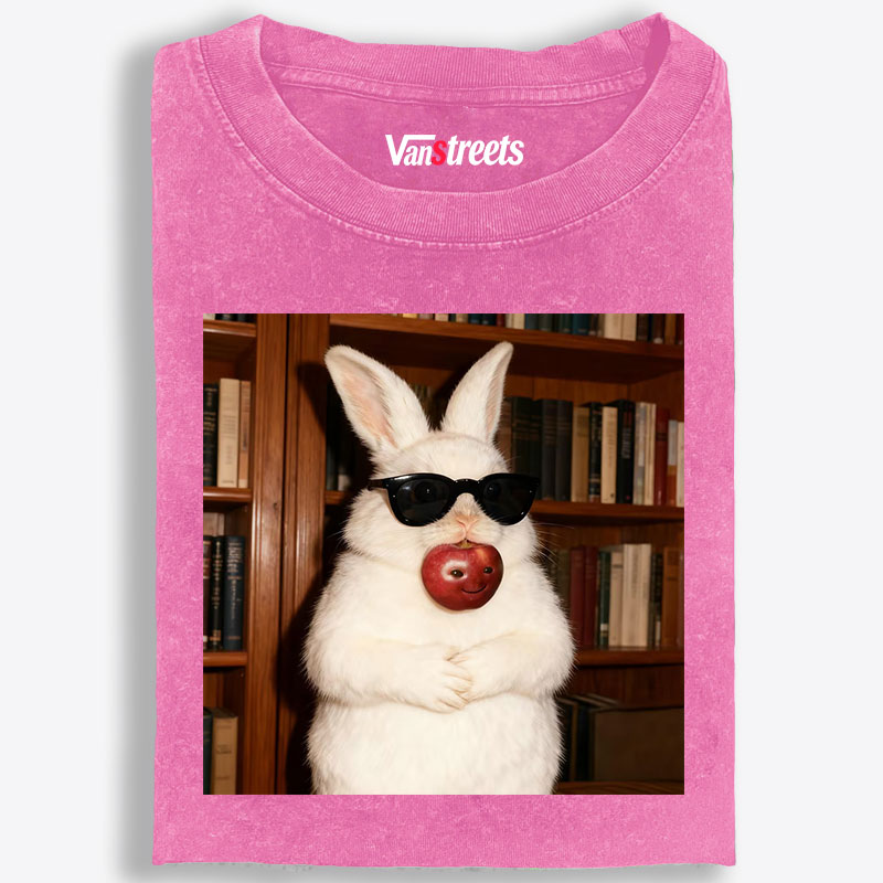 Rabbit Biting Apple Sunglasses Library Retro Washed T-Shirt | 100% Cotton | Streetwear Essential