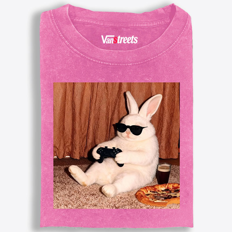 Gamer Rabbit Playing Video Game Retro Washed T-Shirt | 100% Cotton | Streetwear Essential