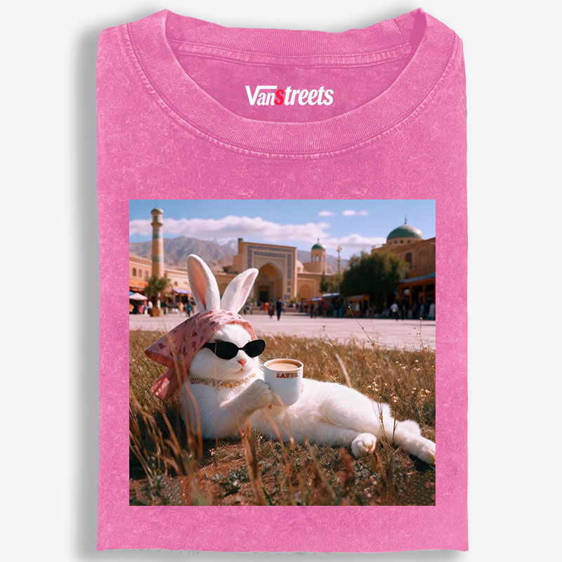 Rabbit Drinking Tea Uyghur Style Retro Washed T-Shirt | 100% Cotton | Streetwear Essential