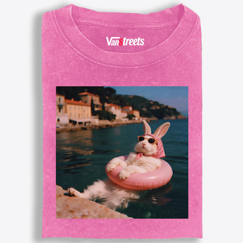 Rabbit On Vacation Swimming Ring Retro Washed T-Shirt | 100% Cotton | Streetwear Essential