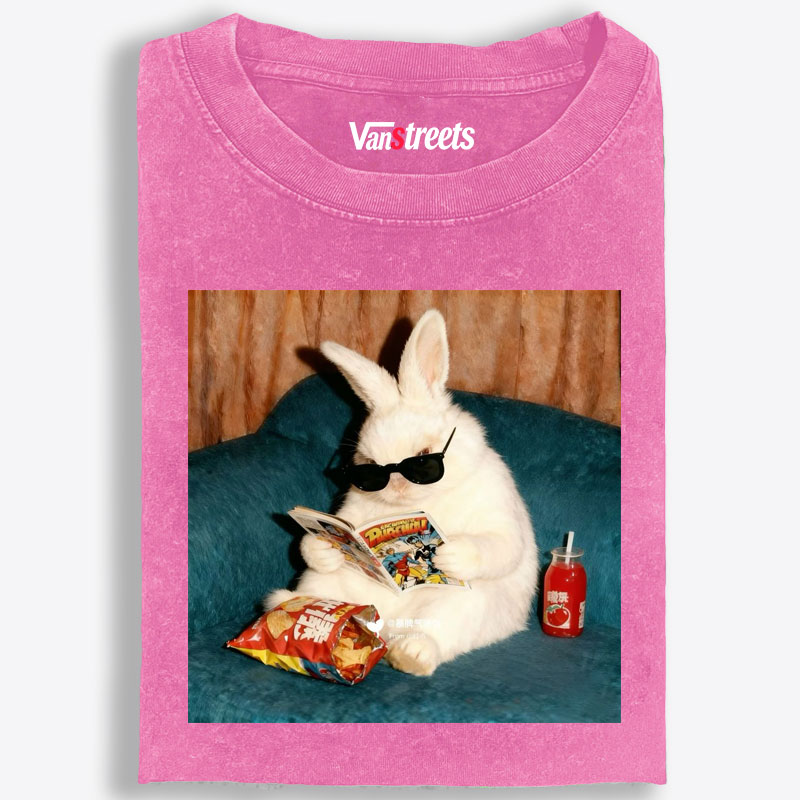 Rabbit Reading Comic Book Cool Cat Retro Washed T-Shirt | 100% Cotton | Streetwear Essential