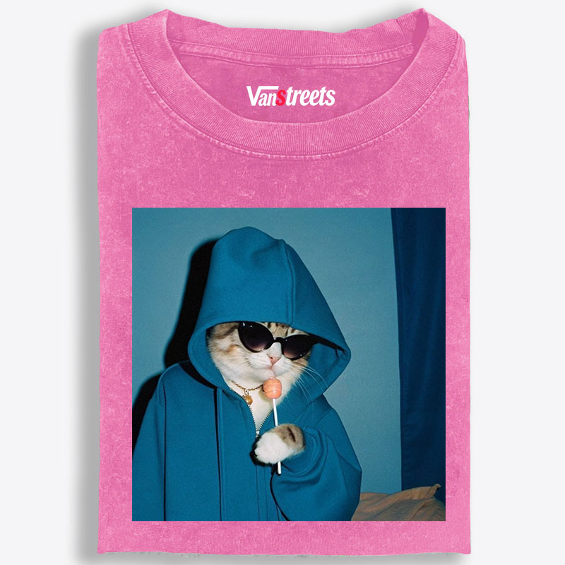 Hoodie Cat with Lollipop Cool Guy Retro Washed T-Shirt | 100% Cotton | Streetwear Essential