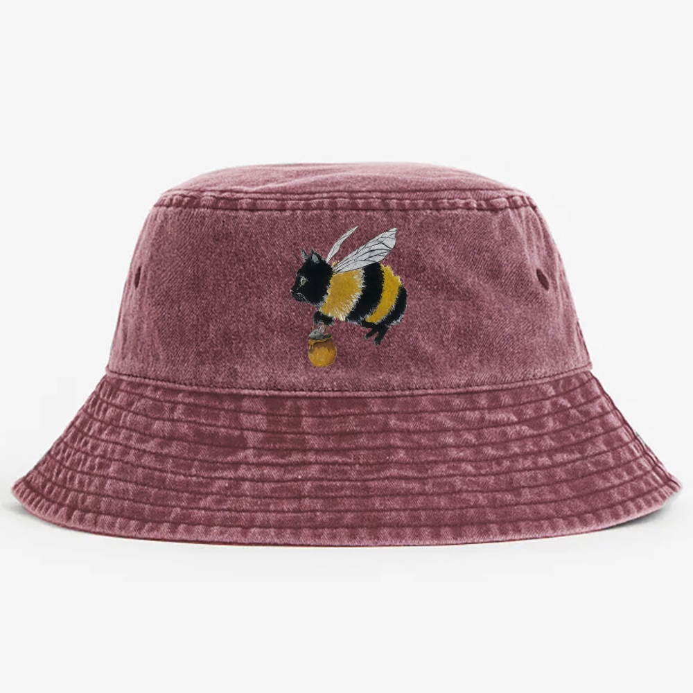 Bee Cat Catching Mouse Retro Vintage Washed Bucket Hat