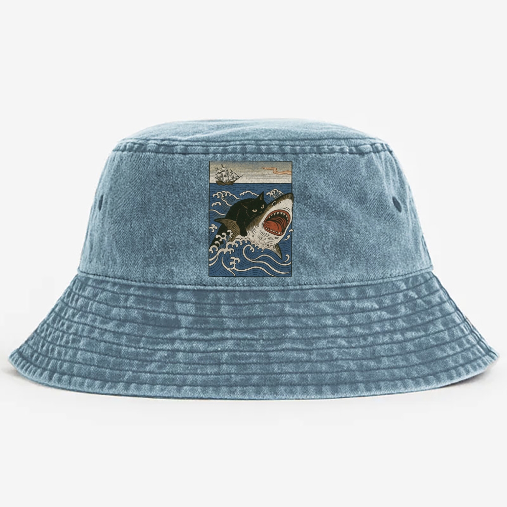 Ukiyo-e Cat Riding Shark Retro Vintage Washed Bucket Hat