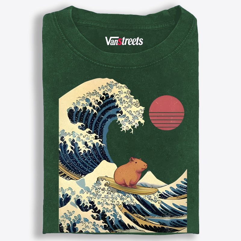 Capybara Surfing Ukiyo-e Retro Washed T-Shirt | 100% Cotton | Streetwear Essential