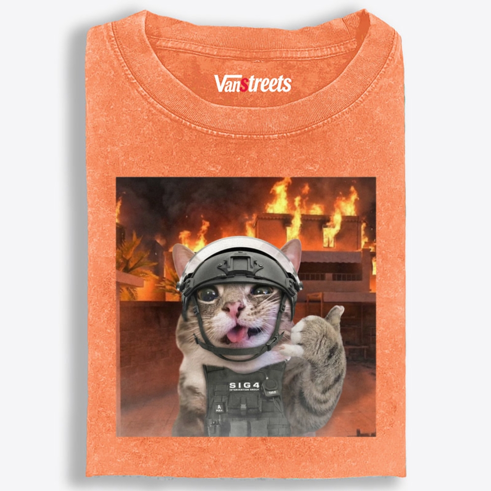 Tactical Cat In Fire Meme Retro Washed T-Shirt | 100% Cotton | Streetwear Essential