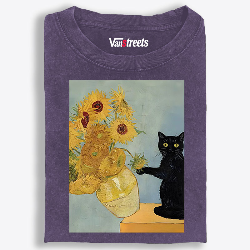 Playful Cat Meets Van Gogh Sunflowers Retro Washed T-Shirt | 100% Cotton | Streetwear Essential