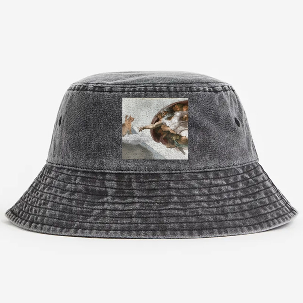 Cat Parody of "The Creation of Adam" Art Retro Vintage Washed Bucket Hat