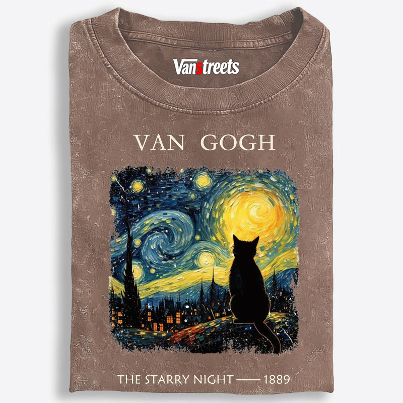 Van Gogh Starry Night Cat Retro Washed T-Shirt | 100% Cotton | Streetwear Essential