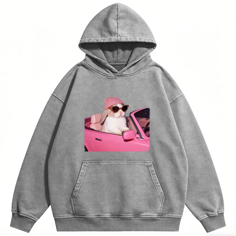 Pink Sports Car Cool Rabbit Retro Washed Hoodie