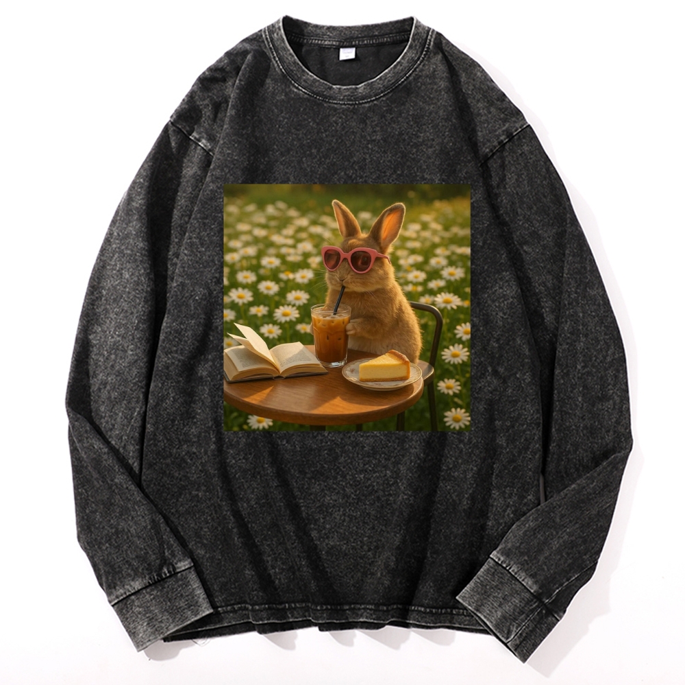 Daisy Afternoon Tea Bunny Meme Retro Premium Washed Cotton Crewneck Sweatshirt