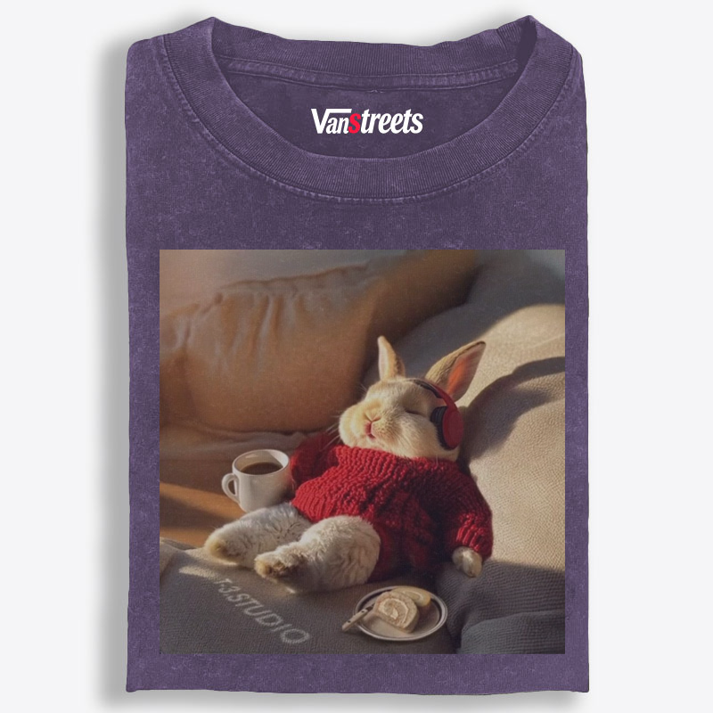 Lazy Coffee Bunny Meme Retro Washed T-Shirt | 100% Cotton | Streetwear Essential