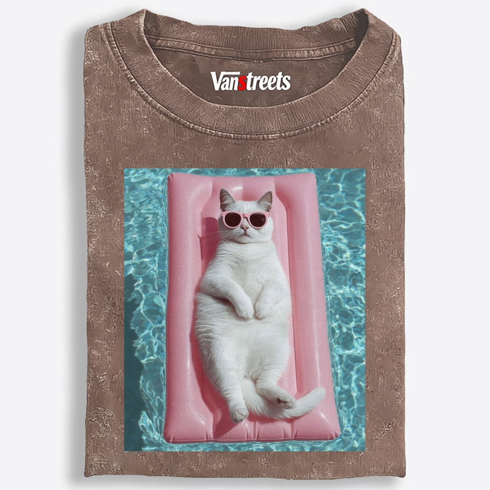 White Cat On Pink Pool Float Meme Retro Washed T-Shirt | 100% Cotton | Streetwear Essential