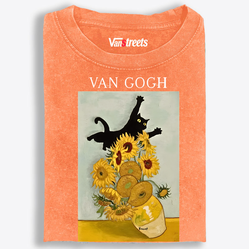 Funny Van Gogh Art Cat Graphic Washed T-Shirt | 100% Cotton | Streetwear Essential