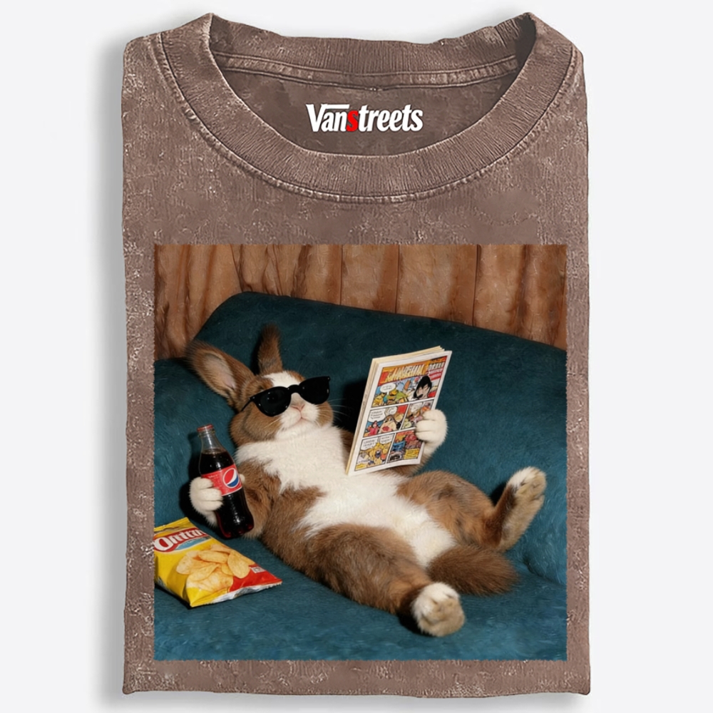 Laid-Back Bunny Comic & Snacks Washed T-Shirt | 100% Cotton | Streetwear Essential