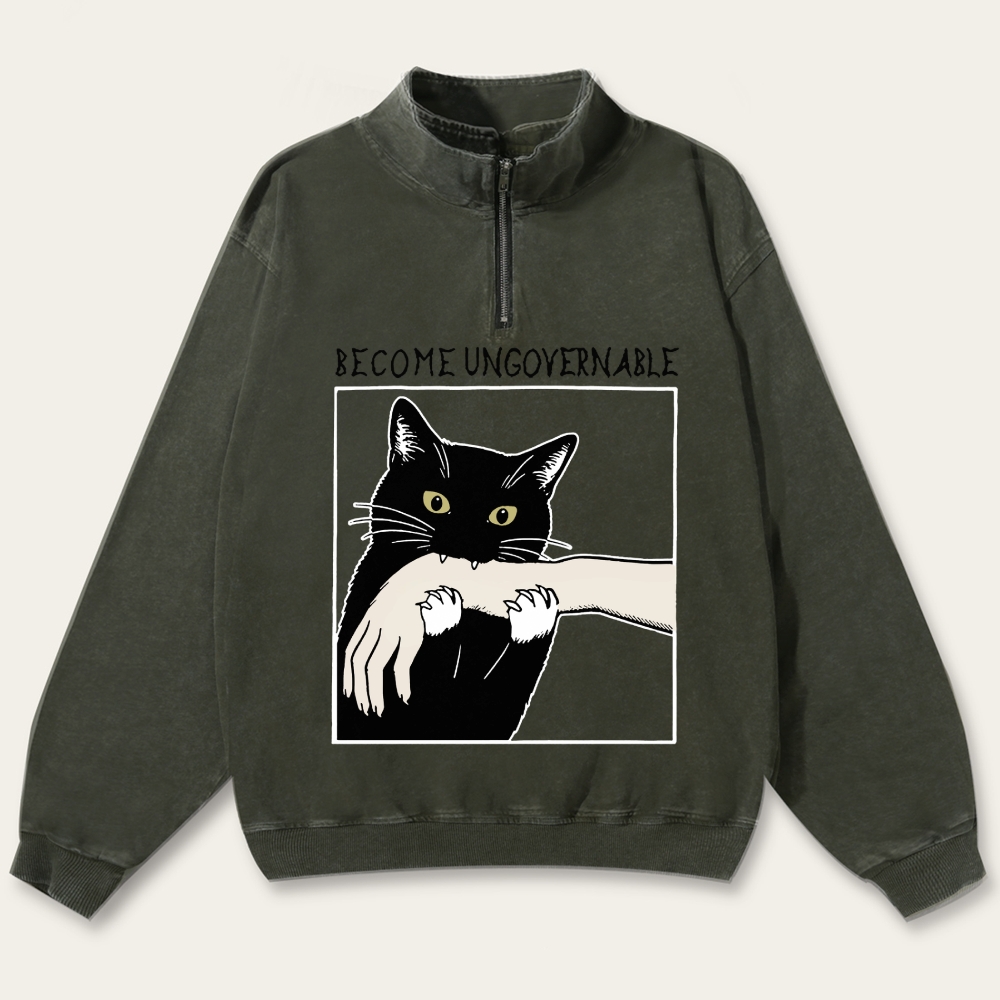 Become Ungovernable Cat Retro Washed Zip-Up Mock Neck Sweatshirt