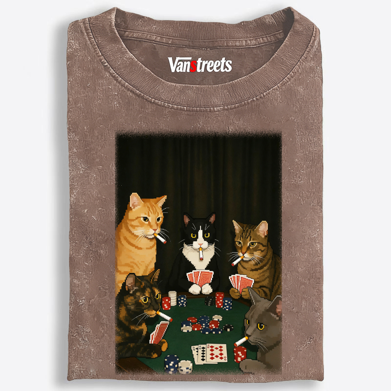 Midnight Poker Cats Retro Washed T-Shirt | 100% Cotton | Streetwear Essential