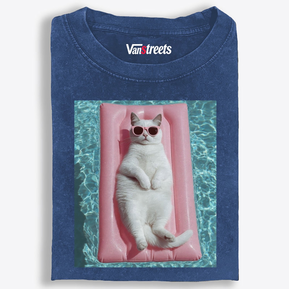 White Cat On Pink Pool Float Meme Retro Washed T-Shirt | 100% Cotton | Streetwear Essential