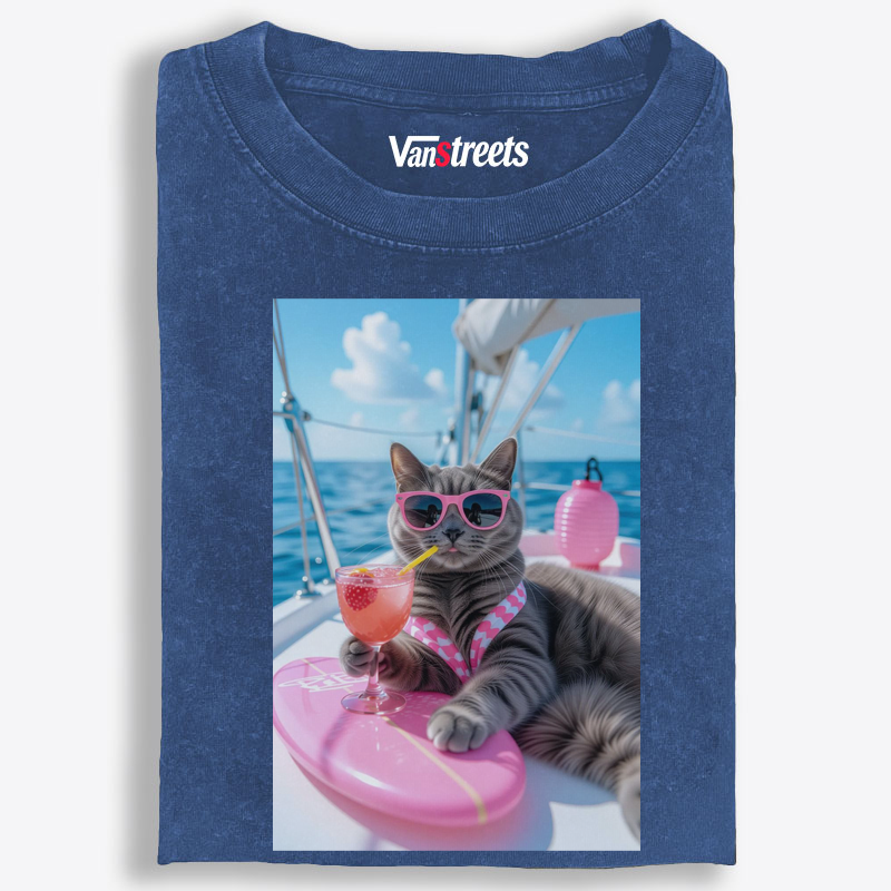 Yacht Vacation Cat Washed T-Shirt | 100% Cotton | Streetwear Essential