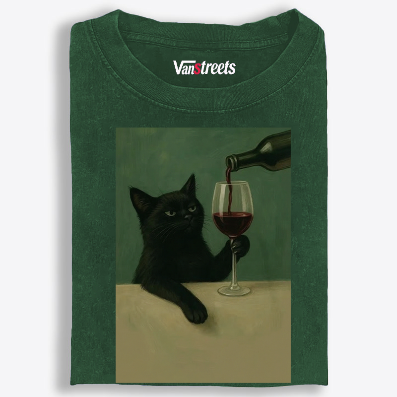 Black Cat with Wine Retro Washed T-Shirt | 100% Cotton | Streetwear Essential