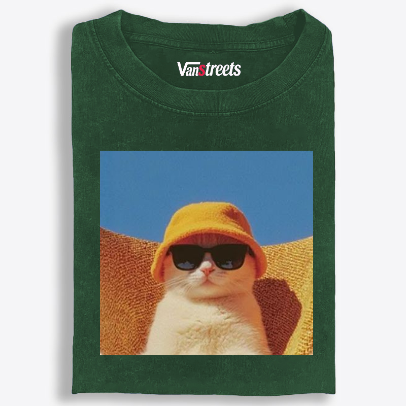 Cool Cat In Yellow Bucket Hat Streetwear Retro Washed T-Shirt | 100% Cotton | Streetwear Essential