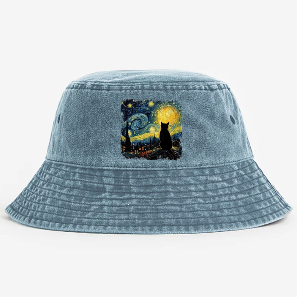 Van Gogh Starry Night Cat Retro Vintage Washed Bucket Hat