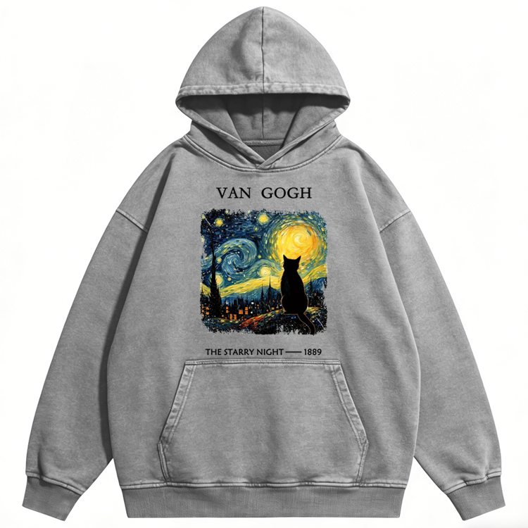 Van Gogh The Starry Night Cat Retro Washed Hoodie