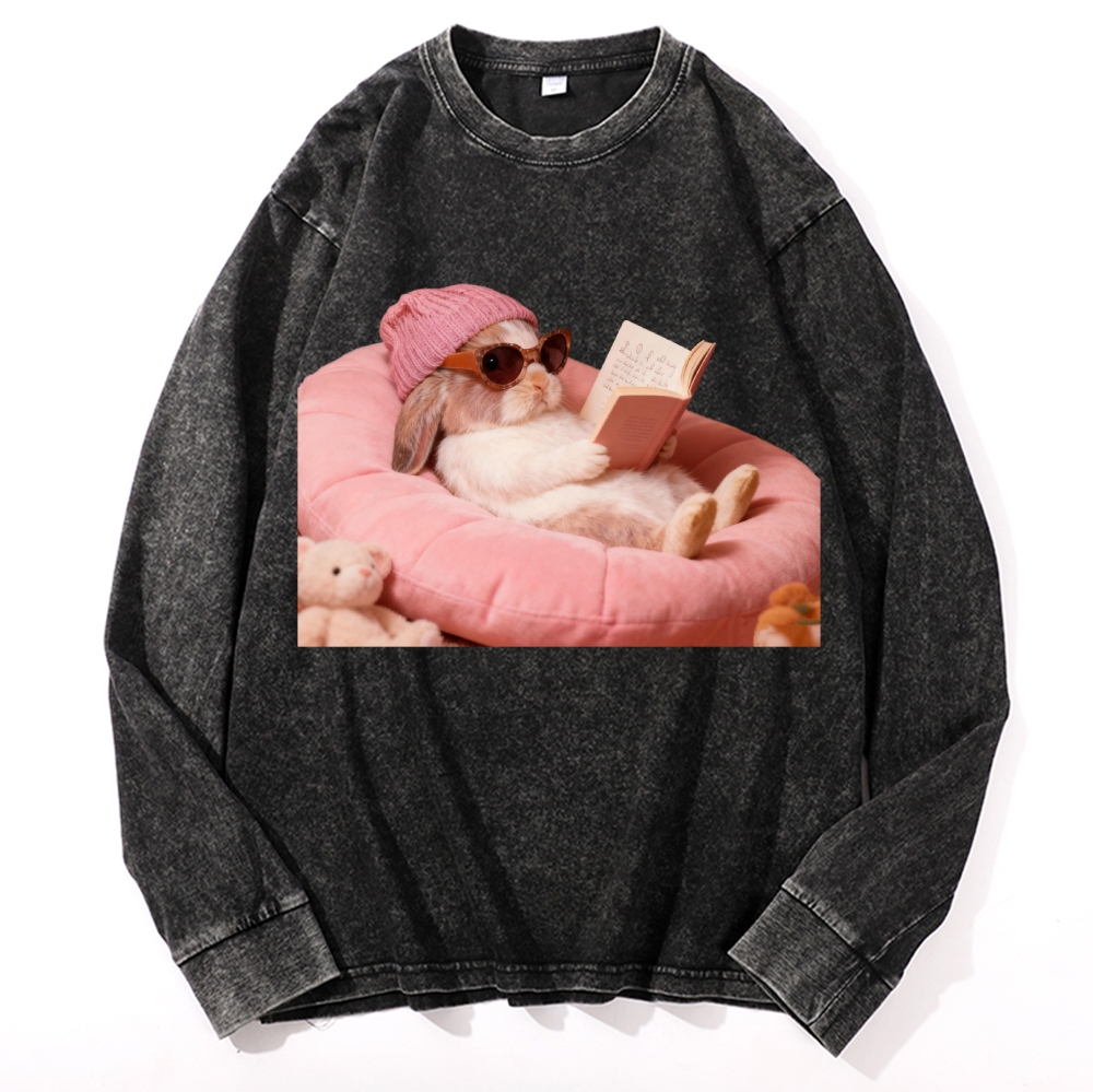 Bunny Bookish Rabbit Retro Washed Long Sleeve T-Shirt