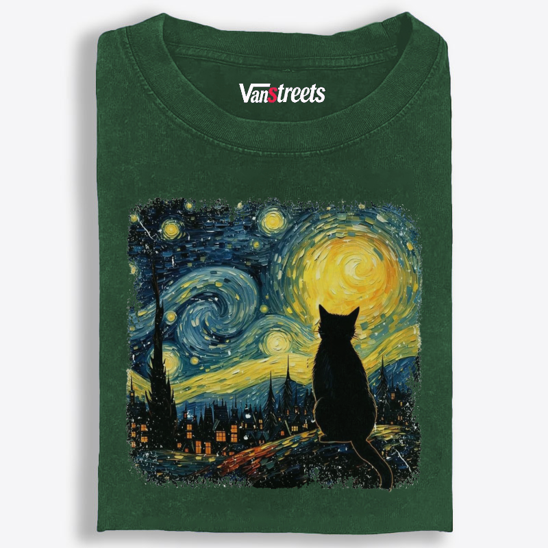 Van Gogh Starry Night CatRetro Washed T-Shirt | 100% Cotton | Streetwear Essential