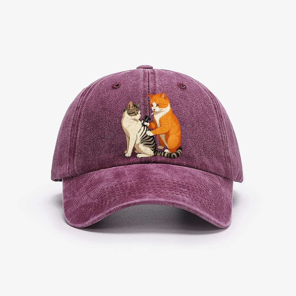 Cat in Starry Night with UFO Meme Retro Washed Baseball Cap