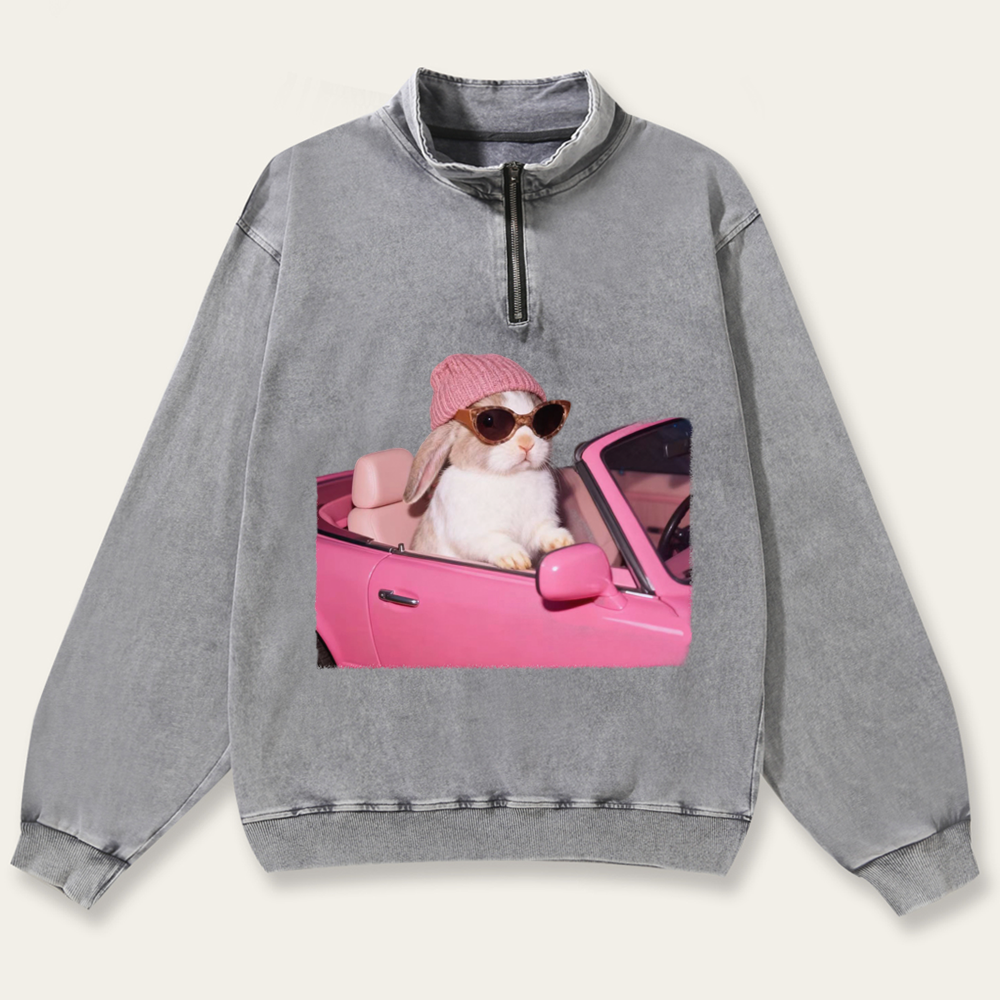 Pink Sports Car Cool Rabbit Retro Washed Zip-Up Mock Neck Sweatshirt