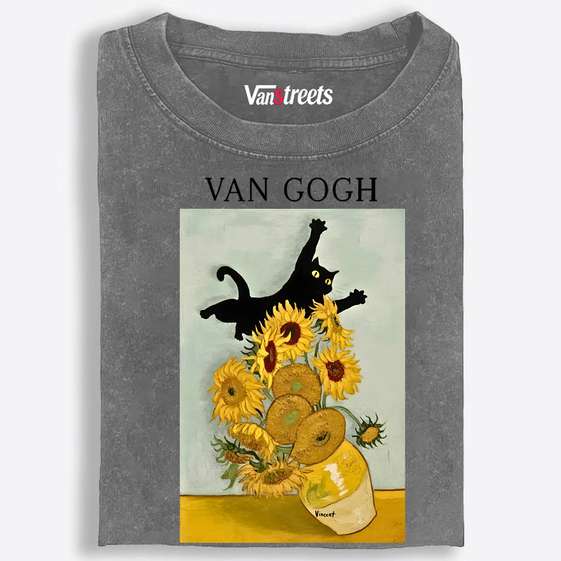 Funny Van Gogh Art Cat Graphic Washed T-Shirt | 100% Cotton | Streetwear Essential