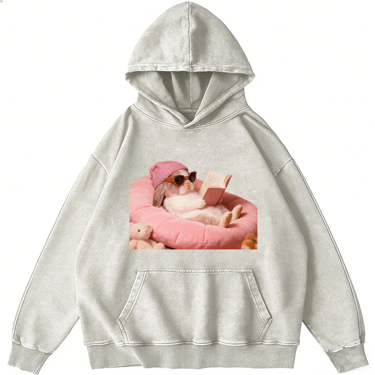 Cozy Reading Rabbit Retro Washed Hoodide | 100% Cotton | Streetwear Essential