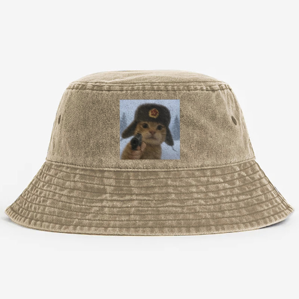 Soviet Ushanka Cat Retro Vintage Washed Bucket Hat