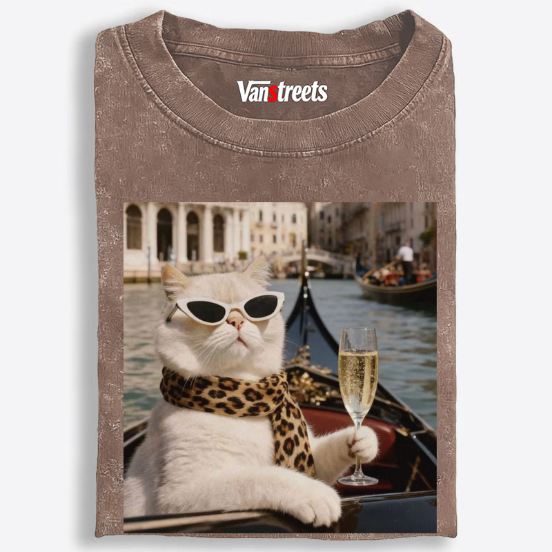 Bunny Venice Cat with Champagne Retro Washed T-Shirt | 100% Cotton | Streetwear Essential