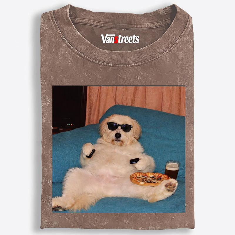Chill Dog With Pizza Beer Remote Control Meme Retro Washed T-Shirt | 100% Cotton | Streetwear Essential