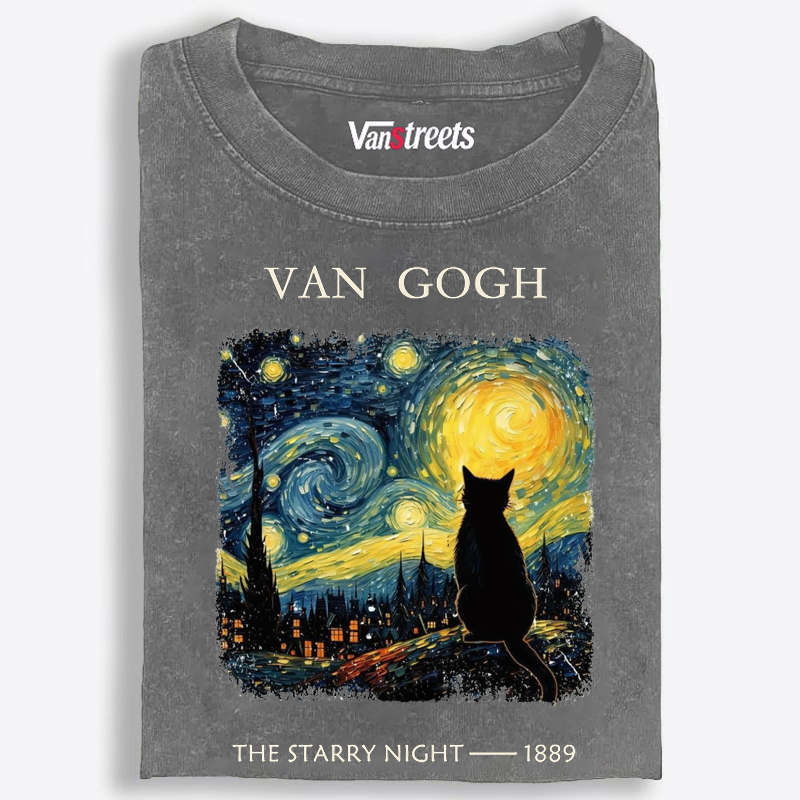 Van Gogh Starry Night Cat Retro Washed T-Shirt | 100% Cotton | Streetwear Essential